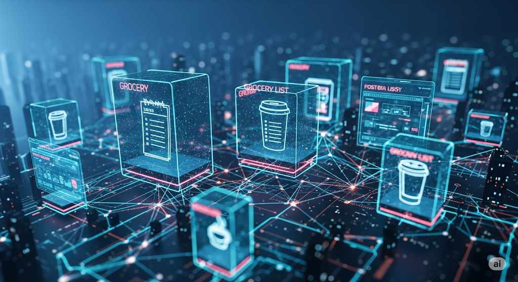 Futuristic blockchain visualization with floating data blocks, neon connections, and holographic interfaces representing mundane items like grocery lists and coffee cups being decentralized