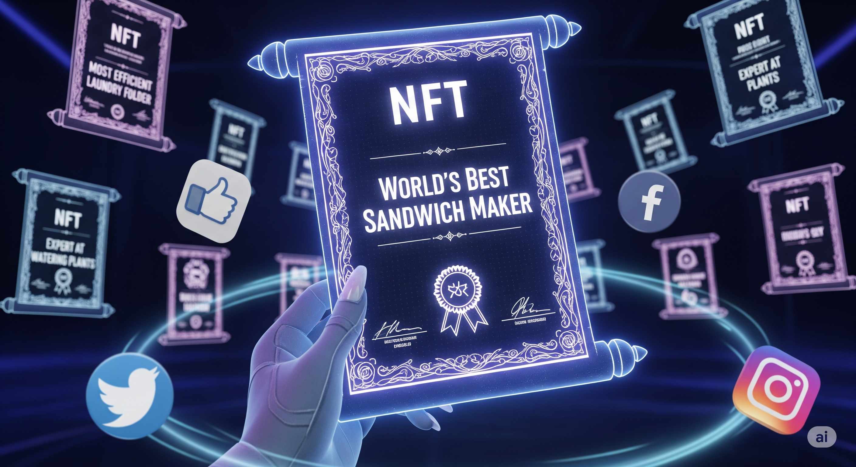 Shiny NFT certificate with holographic effects showing completion of mundane tasks