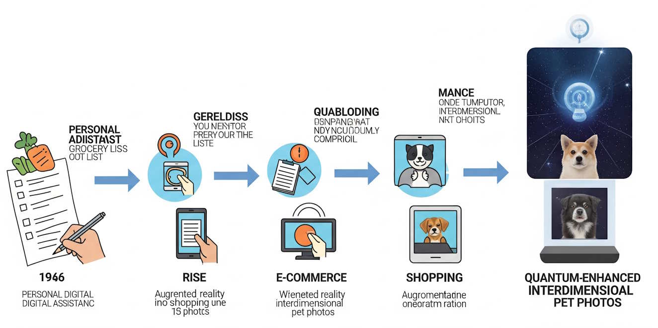 Infographic showing the progression from basic grocery lists to quantum-enhanced interdimensional pet photos
