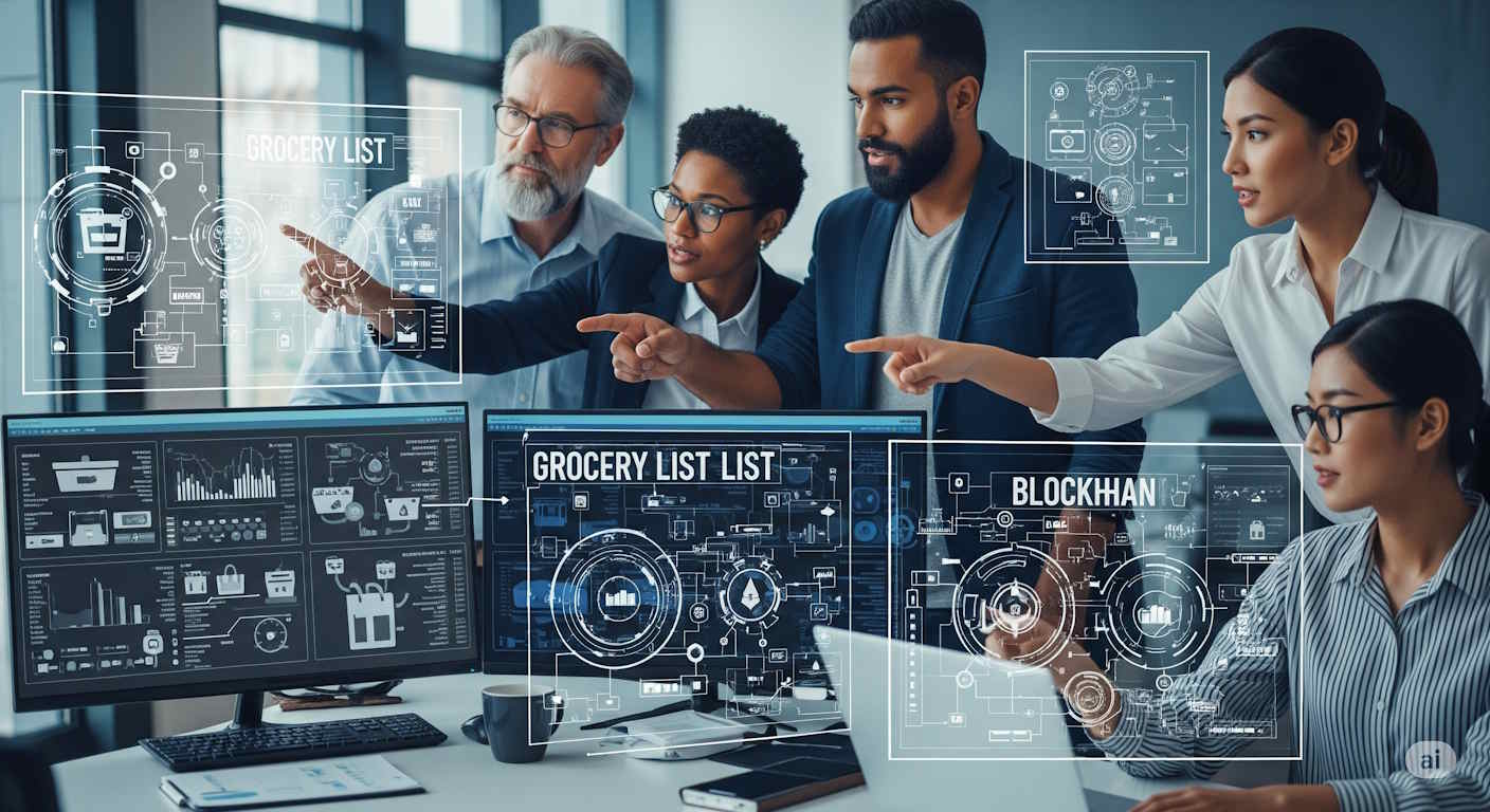 Dynamic team photo with everyone pointing at blockchain diagrams on multiple monitors, looking very serious about grocery lists